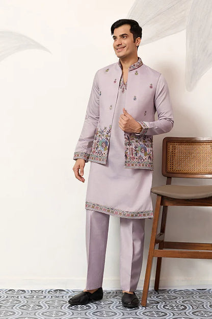 Indian Traditional Dusty Lavender Koti Kurta Pant Wedding Set
