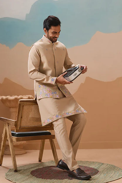 Celebration Beige Kurta Koti Pant Wedding Outfit for Men
