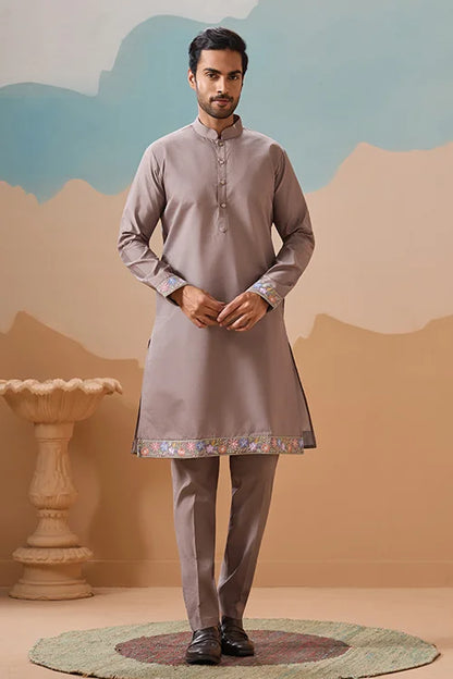 Elegant Grey Embroidered Koti Kurta Pant for Mens