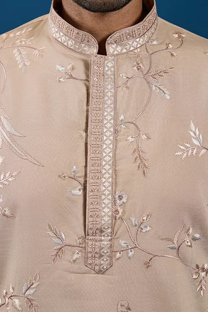 Elegant Beige Embroidered Viscose Silk Kurta for Mens