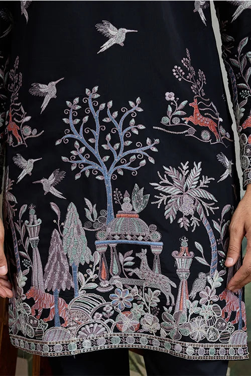Designer Black Viscose Silk Fancy Kurtas For Men