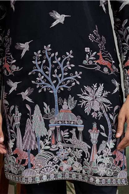 Designer Black Viscose Silk Fancy Kurtas For Men