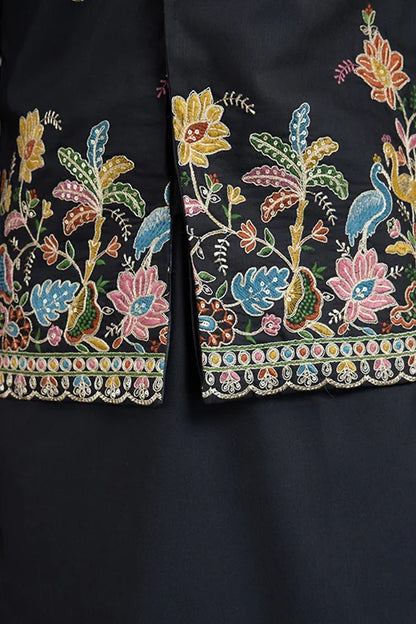 Designer Black Cotton Kurta With Embroidered Koti