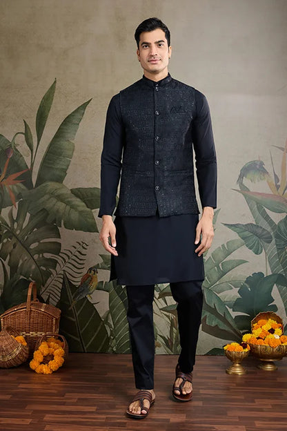 Black Roman Silk Kurta With Jacquard Koti Elegant Ethnic Wear