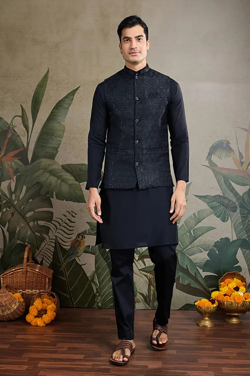 Black Roman Silk Kurta With Jacquard Koti Elegant Ethnic Wear