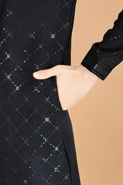 Black Viscose Fabric Embroidered Traditional Kurta For Mens Wear