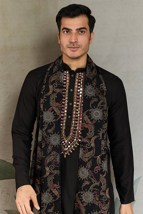 Wedding Special Black Mirror Work Kurta With Dupatta For Men