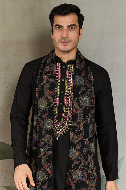Wedding Special Black Mirror Work Kurta With Dupatta For Men