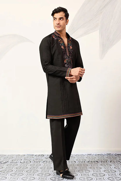 Party Wear Black V Neck Style Kurta Pant For Mens Wear