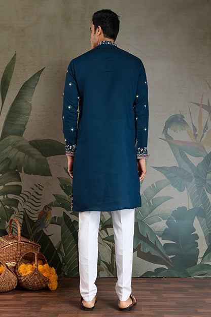 Wedding Special Teal Blue Embroidered Silk Kurta