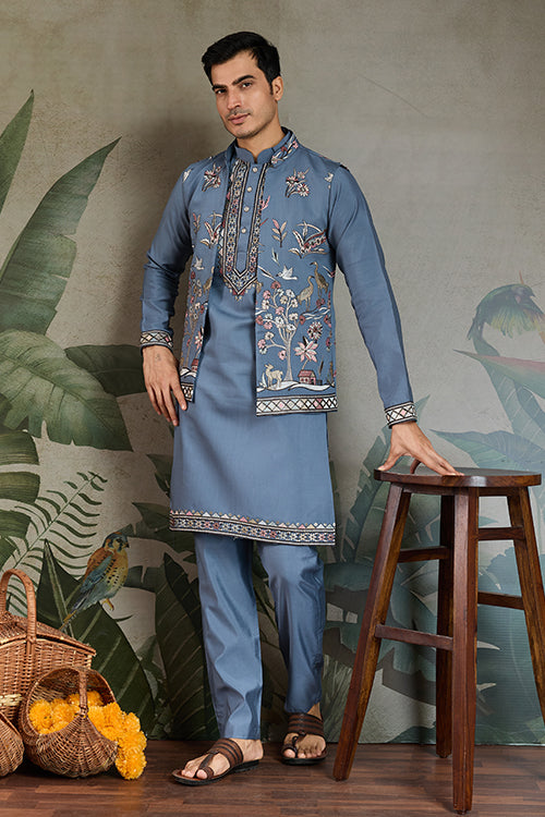Blue Gray Open Koti Style Kurta Pajama Set For Men