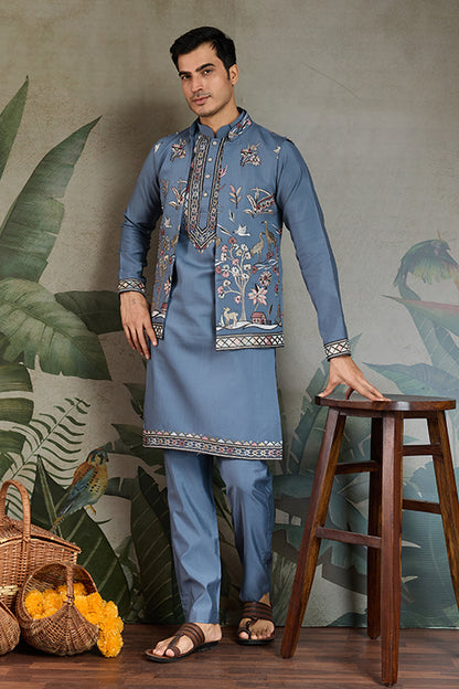 Blue Gray Open Koti Style Kurta Pajama Set For Men