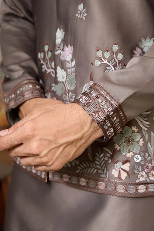Grey Embroidered Koti Kurta Set for Mens Wear