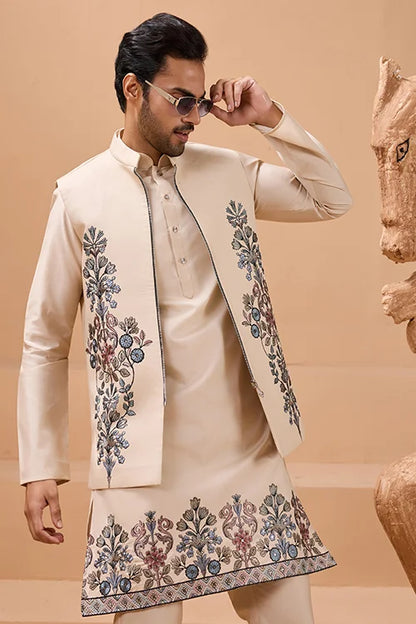 Tendy Beige Wedding Special Koti Kurta Set for Mens Wear