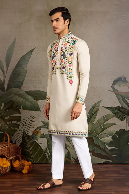 Beige Color Special Embroidered Kurta for Mens Wear