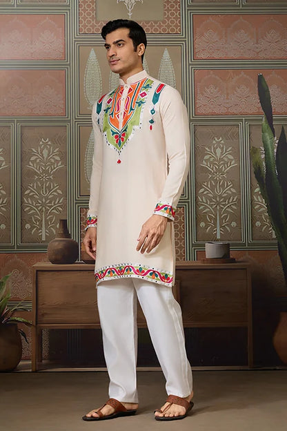 Cream Embroidered Festival Wear Kurta for Men