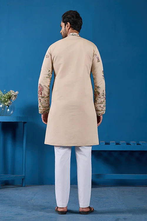 Perfect Festive Choice Beige Ethnic Kurta for Mens Wear
