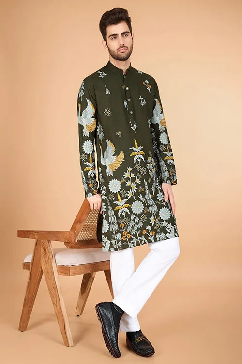 Olive Viscose Rayon Designer Men's Kurta For Festive