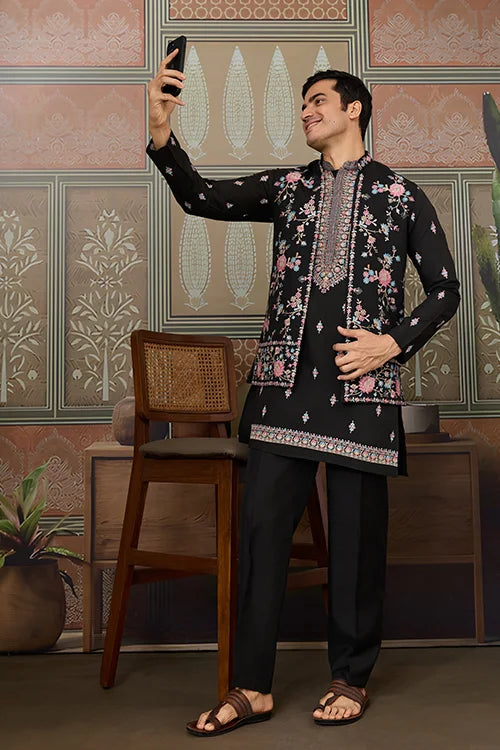 Black Mens Kurta with Stylish Koti for Wedding Wear