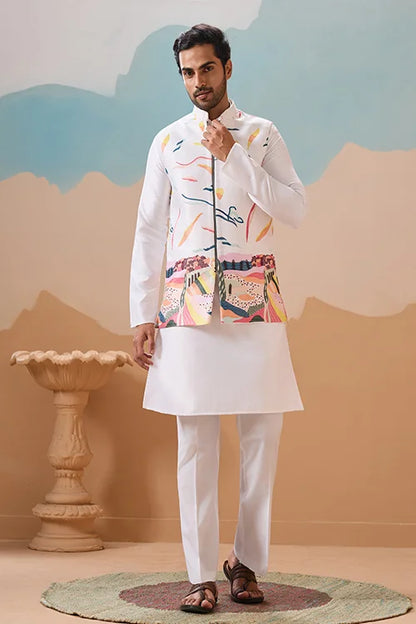 White Wedding Wear Carnival Koti Kurta Pair for Mens Wear