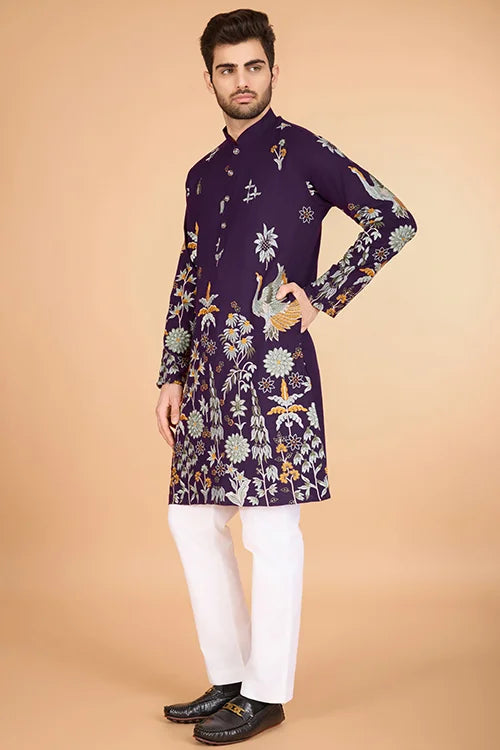 Traditional Embroidered Purple Viscose Rayon Kurta For Men