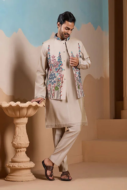 Elegant Fashionable Beige Koti Kurta Set for Mens Wear
