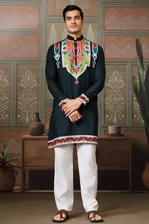 Green Embroidered Festival Wear Kurta for Men