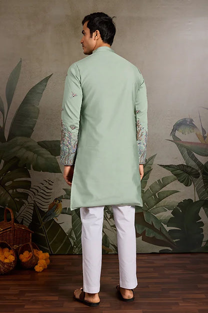 Embroidered Pista Green Wedding Kurta for Mens