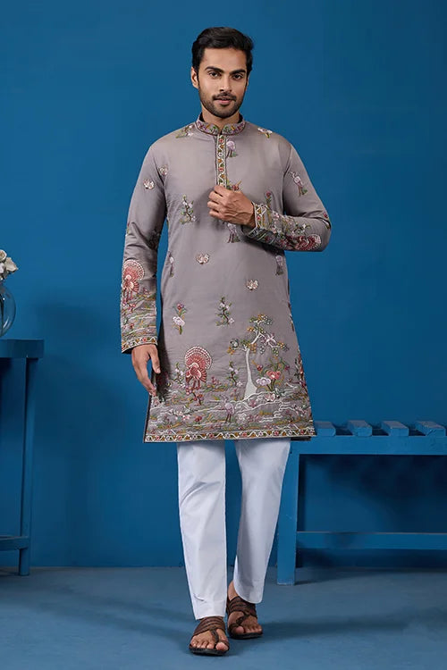 Classy Grey Embroidered Mens Kurta for Wedding Events
