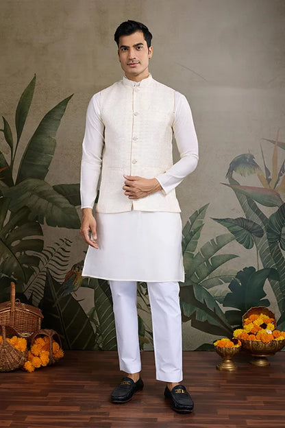 Off White Silk Kurta With Jacquard Koti Jacket