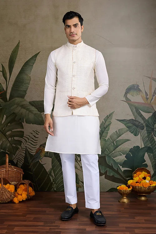 Off White Silk Kurta With Jacquard Koti Jacket