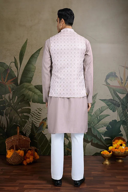Ivory Roman Silk Kurta With Jacquard Open Koti Set
