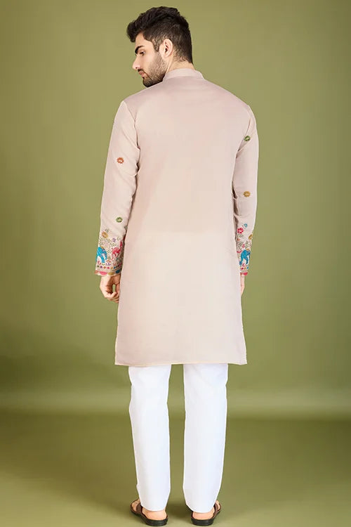 Ivory Viscose Silk Men's Kurta With Thread Work
