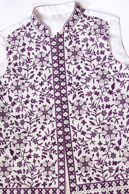 Classic White Mens Kurta Pajama With Stylish Purple Koti