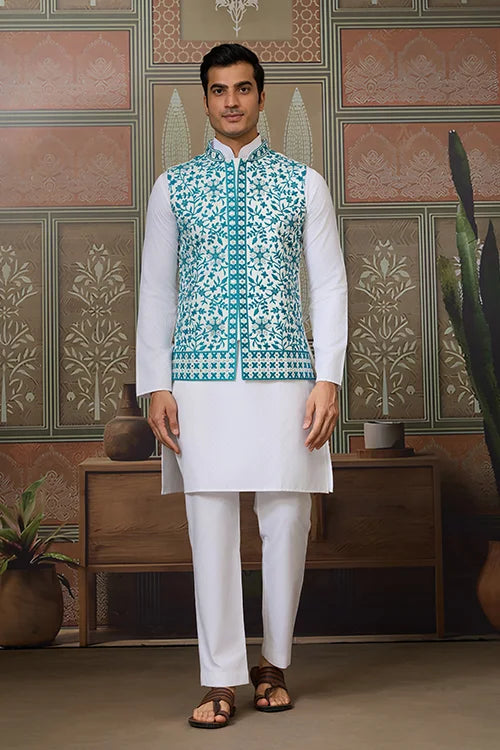 Traditional White Kurta with Teal Green Koti for Men