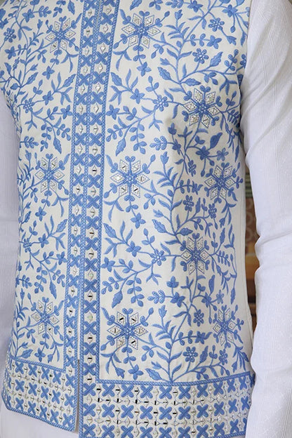 Traditional White Kurta Blue Koti Pajama for Men