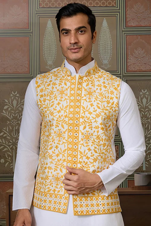 Haldi Special Yellow Koti with White Kurta for Mens
