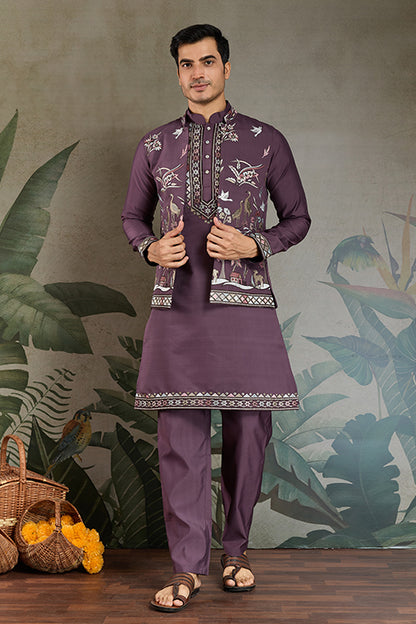 Traditional Rust Purple Kurta Pajama With Stylish Open Jacket
