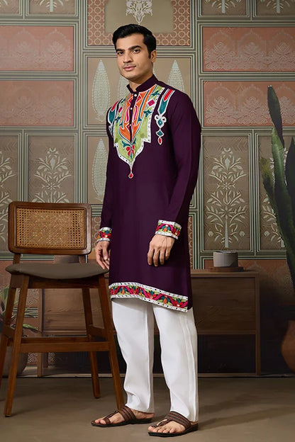 Purple Festival Wear Embroidery Mens Wear Kurta