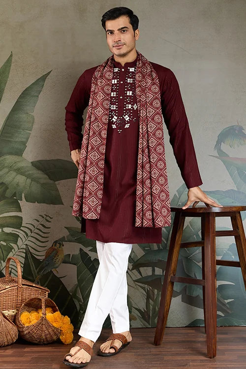 Traditional Maroon Mirror Embroidered Kurta with Dupatta
