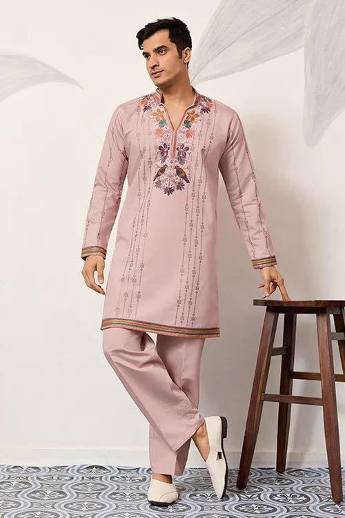 Classic Pink Embroidered V Neck Kurta Pant Outfit For Mens Wear