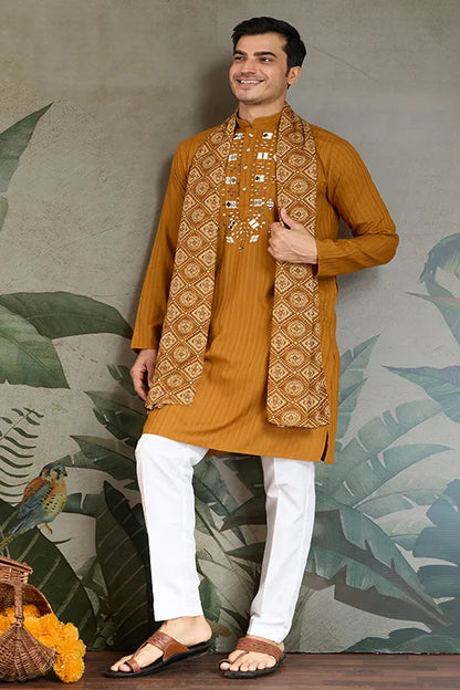 Wedding Special Mustard Mirror Kurta Set with Dupatta for Men