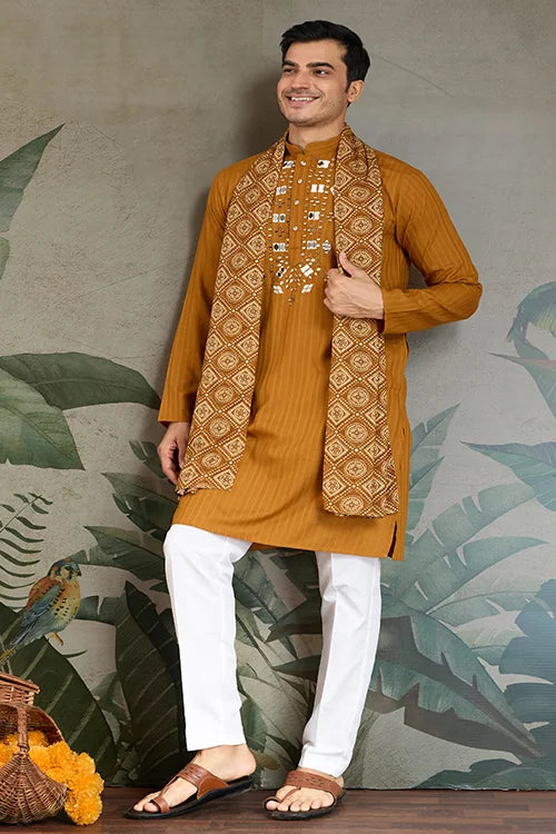 Wedding Special Mustard Mirror Kurta Set with Dupatta for Men
