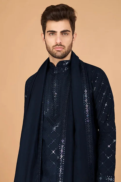 Navy Color Kurta With Dupatta For Mens Wear