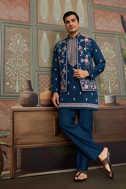 Modern Teal Blue Open Koti Kurta Set for Men