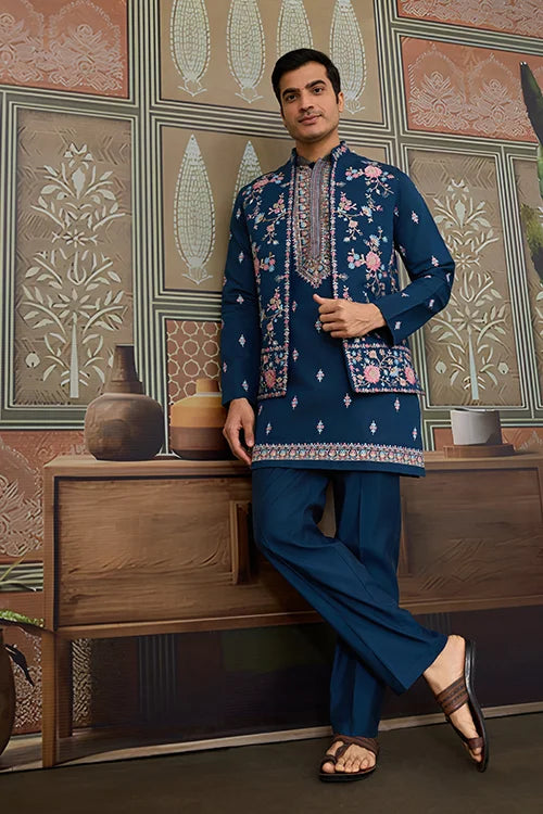 Modern Teal Blue Open Koti Kurta Set for Men