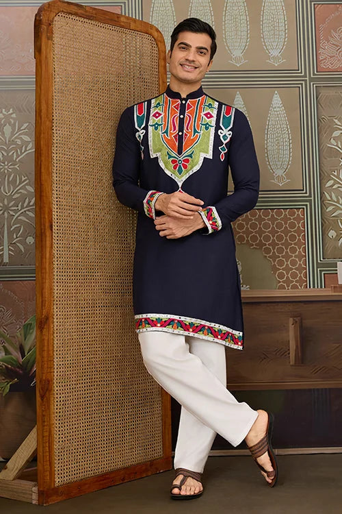 Navy Blue Embroidered Festival Wear Kurta for Men