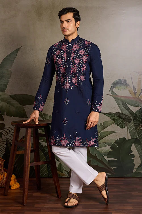 Wedding Special Navy Blue Embroidered Mens Kurta Set
