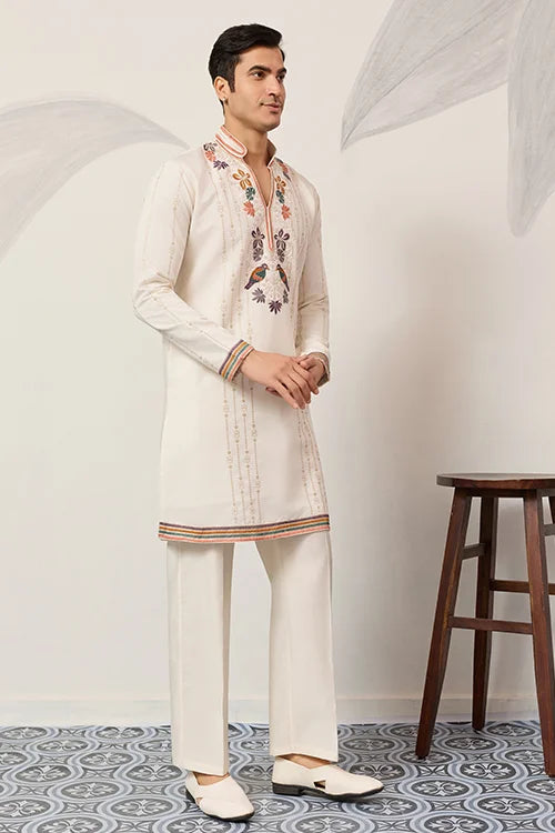 Luxury White V Neck Kurta Pant For Festive Wear
