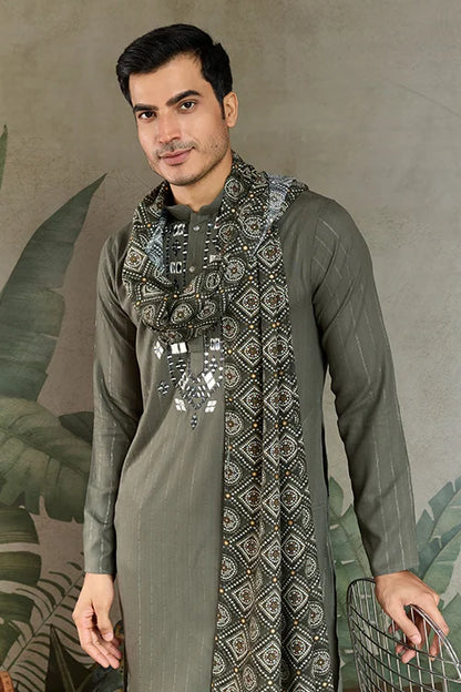 Premium Olive Green Mirror Work Kurta with Dupatta for Occasions